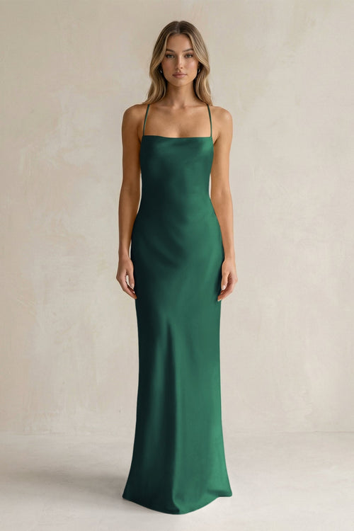 Sheath Satin Spaghetti Strap Bridesmaid Dress in Dark Green - KissProm Bridesmaid Dresses