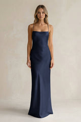 Sheath Satin Spaghetti Strap Bridesmaid Dress in Dark Navy - KissProm Bridesmaid Dresses