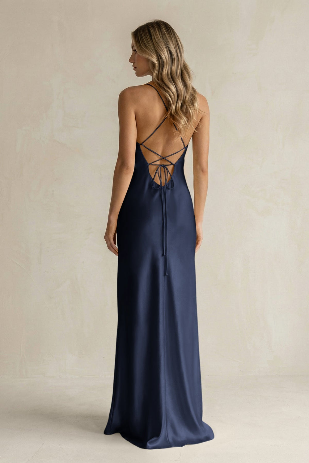 Sheath Satin Spaghetti Strap Bridesmaid Dress in Dark Navy - KissProm Bridesmaid Dresses