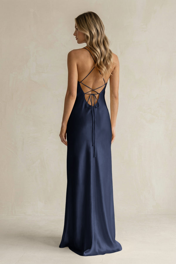 Sheath Satin Spaghetti Strap Bridesmaid Dress in Dark Navy - KissProm Bridesmaid Dresses