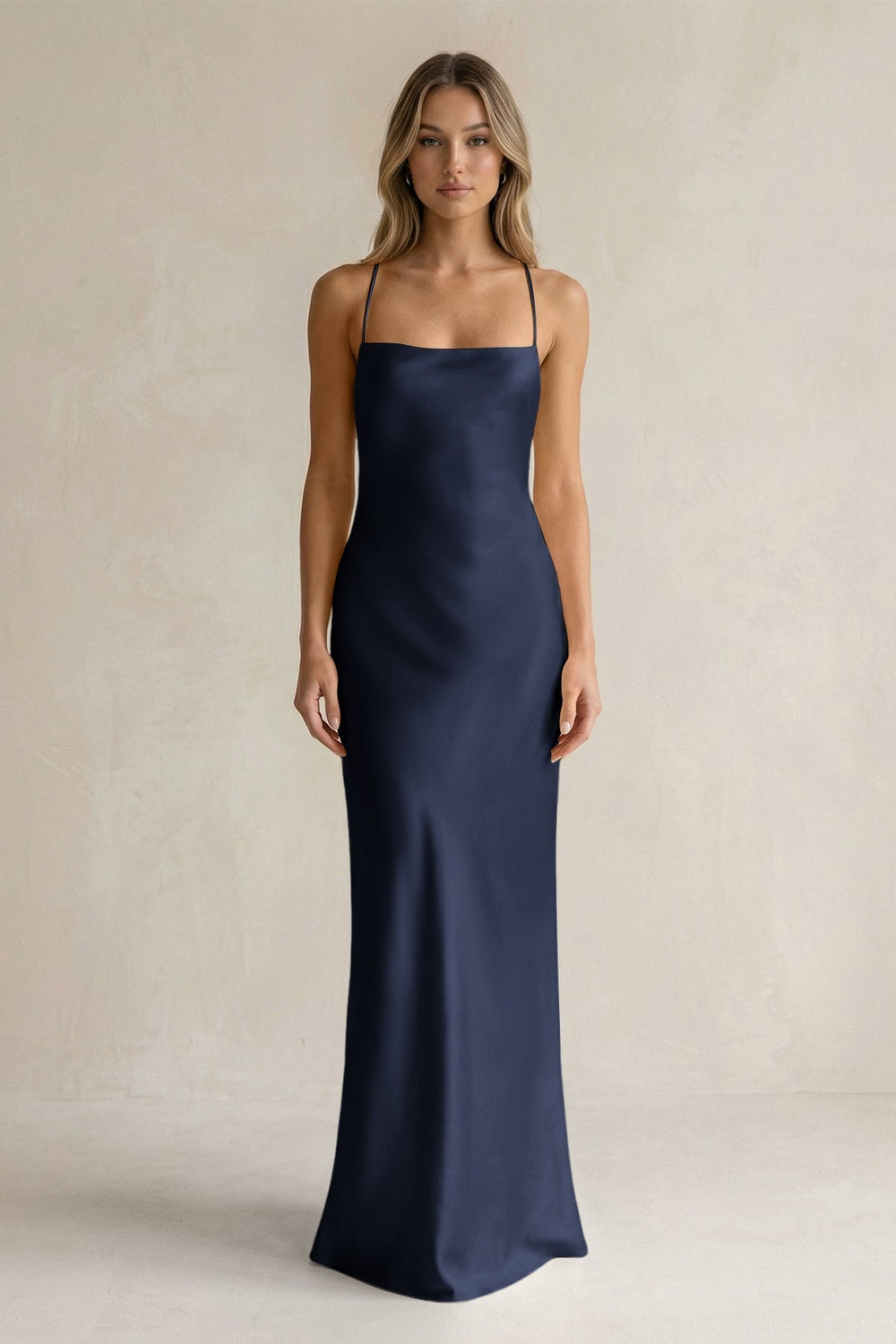 Sheath Satin Spaghetti Strap Bridesmaid Dress in Dark Navy - KissProm Bridesmaid Dresses