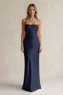 Sheath Satin Spaghetti Strap Bridesmaid Dress in Dark Navy - KissProm Bridesmaid Dresses