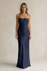 Sheath Satin Spaghetti Strap Bridesmaid Dress in Dark Navy - KissProm Bridesmaid Dresses