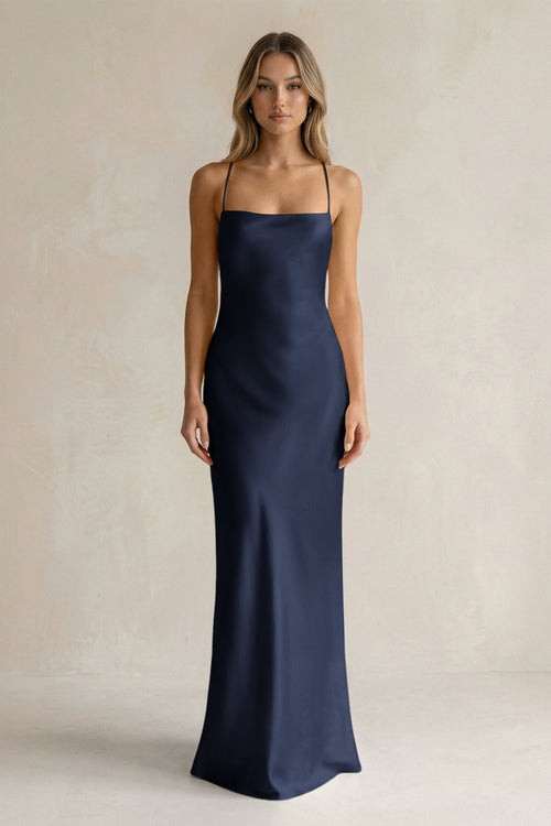 Sheath Satin Spaghetti Strap Bridesmaid Dress in Dark Navy - KissProm Bridesmaid Dresses