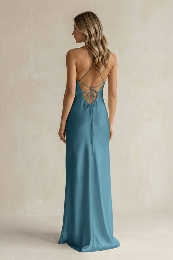 Sheath Satin Spaghetti Strap Bridesmaid Dress in Dark Teal - KissProm Bridesmaid Dresses