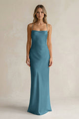 Sheath Satin Spaghetti Strap Bridesmaid Dress in Dark Teal - KissProm Bridesmaid Dresses