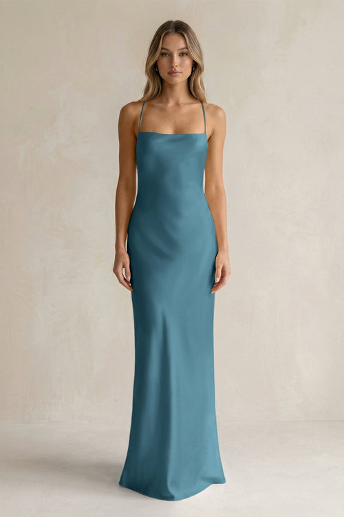 Sheath Satin Spaghetti Strap Bridesmaid Dress in Dark Teal - KissProm Bridesmaid Dresses