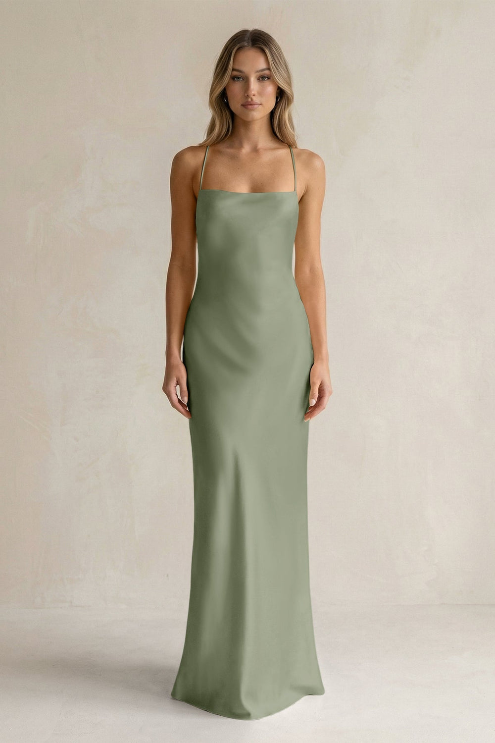 Sheath Satin Spaghetti Strap Bridesmaid Dress in Dove Gray - KissProm Bridesmaid Dresses