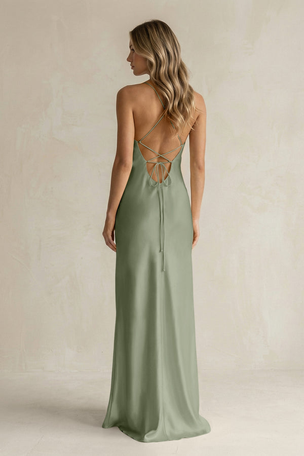 Sheath Satin Spaghetti Strap Bridesmaid Dress in Dove Gray - KissProm Bridesmaid Dresses