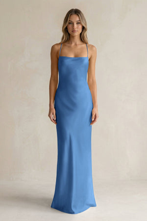 Sheath Satin Spaghetti Strap Bridesmaid Dress in Dusty Blue - KissProm Bridesmaid Dresses
