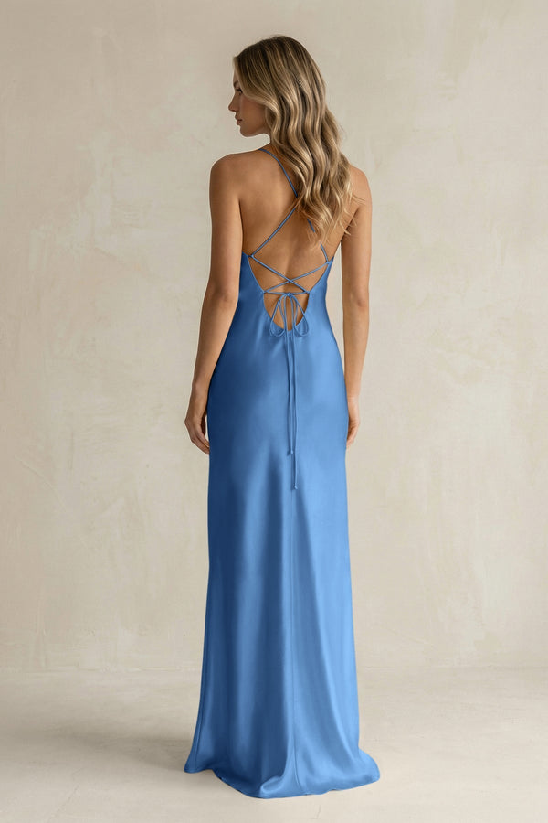 Sheath Satin Spaghetti Strap Bridesmaid Dress in Dusty Blue - KissProm Bridesmaid Dresses