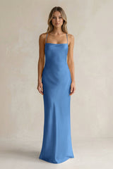 Sheath Satin Spaghetti Strap Bridesmaid Dress in Dusty Blue - KissProm Bridesmaid Dresses