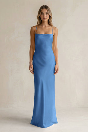 Sheath Satin Spaghetti Strap Bridesmaid Dress in Dusty Blue - KissProm Bridesmaid Dresses