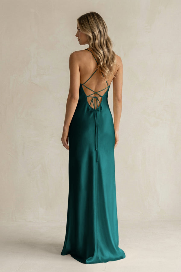 Sheath Satin Spaghetti Strap Bridesmaid Dress in Emerald - KissProm Bridesmaid Dresses