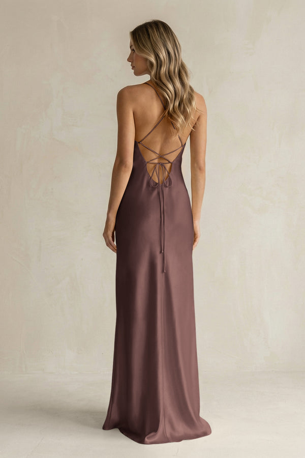 Sheath Satin Spaghetti Strap Bridesmaid Dress in Espresso - KissProm Bridesmaid Dresses
