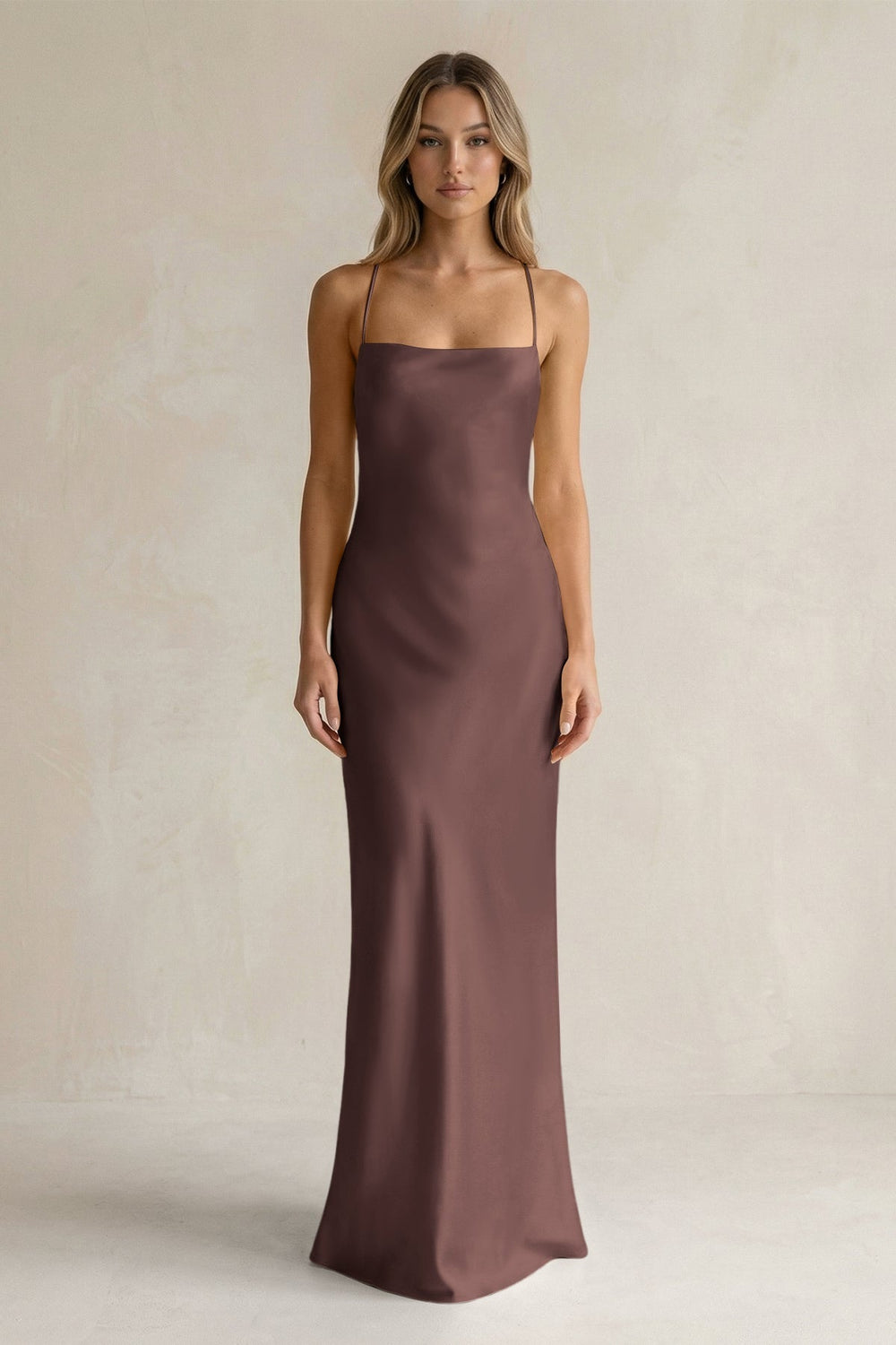 Sheath Satin Spaghetti Strap Bridesmaid Dress in Espresso - KissProm Bridesmaid Dresses