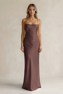 Sheath Satin Spaghetti Strap Bridesmaid Dress in Espresso - KissProm Bridesmaid Dresses