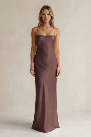 Sheath Satin Spaghetti Strap Bridesmaid Dress in Espresso - KissProm Bridesmaid Dresses
