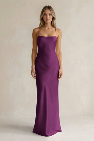Sheath Satin Spaghetti Strap Bridesmaid Dress in Fig - KissProm Bridesmaid Dresses