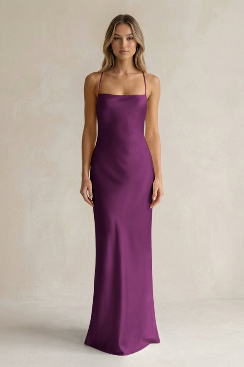 Sheath Satin Spaghetti Strap Bridesmaid Dress in Fig - KissProm Bridesmaid Dresses
