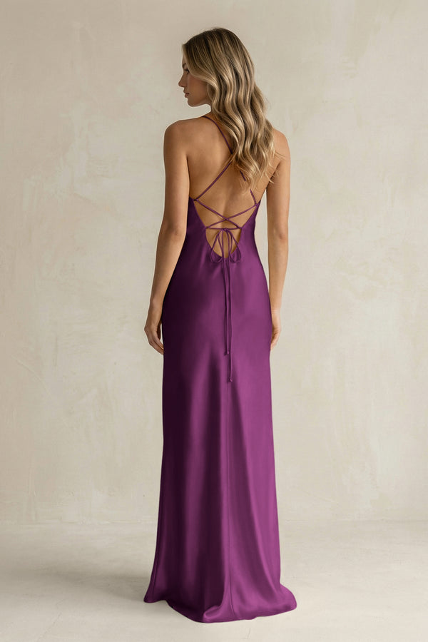 Sheath Satin Spaghetti Strap Bridesmaid Dress in Fig - KissProm Bridesmaid Dresses