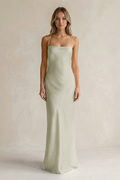 Sheath Satin Spaghetti Strap Bridesmaid Dress in Frost - KissProm Bridesmaid Dresses