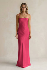 Sheath Satin Spaghetti Strap Bridesmaid Dress in Fuchsia - KissProm Bridesmaid Dresses