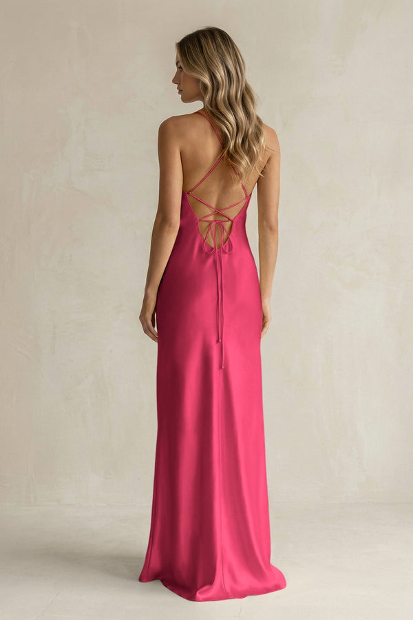 Sheath Satin Spaghetti Strap Bridesmaid Dress in Fuchsia - KissProm Bridesmaid Dresses