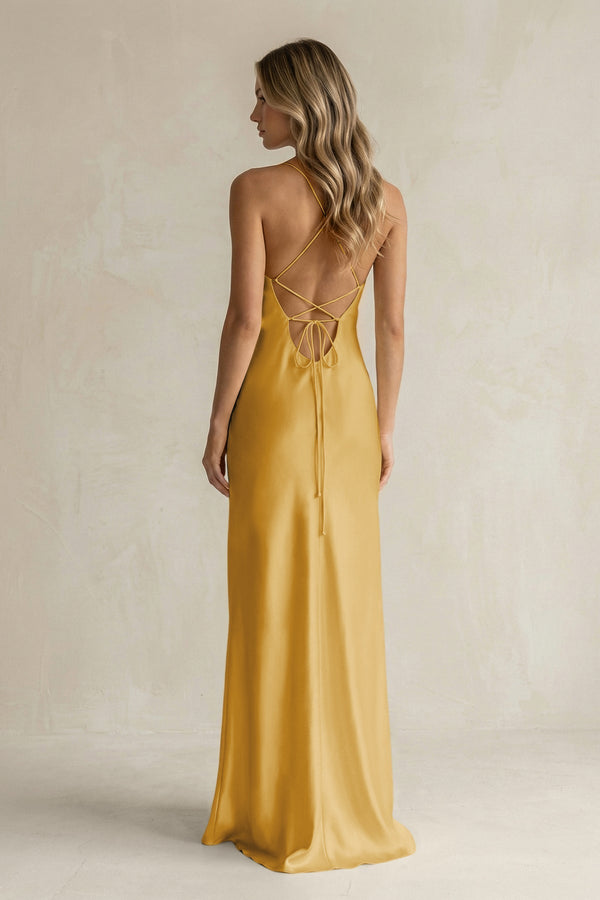 Sheath Satin Spaghetti Strap Bridesmaid Dress in Gold - KissProm Bridesmaid Dresses