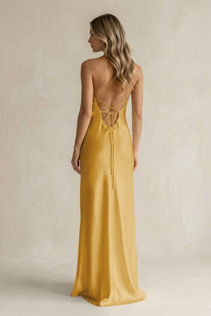 Sheath Satin Spaghetti Strap Bridesmaid Dress in Gold - KissProm Bridesmaid Dresses