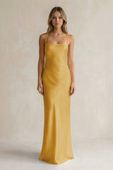 Sheath Satin Spaghetti Strap Bridesmaid Dress in Gold - KissProm Bridesmaid Dresses