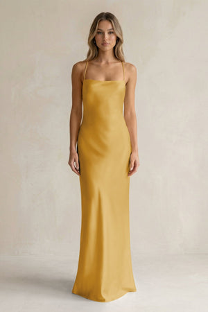 Sheath Satin Spaghetti Strap Bridesmaid Dress in Gold - KissProm Bridesmaid Dresses