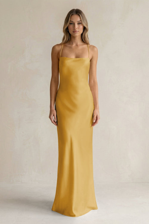 Sheath Satin Spaghetti Strap Bridesmaid Dress in Gold - KissProm Bridesmaid Dresses