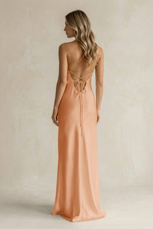 Sheath Satin Spaghetti Strap Bridesmaid Dress in Golden Champagne - KissProm Bridesmaid Dresses