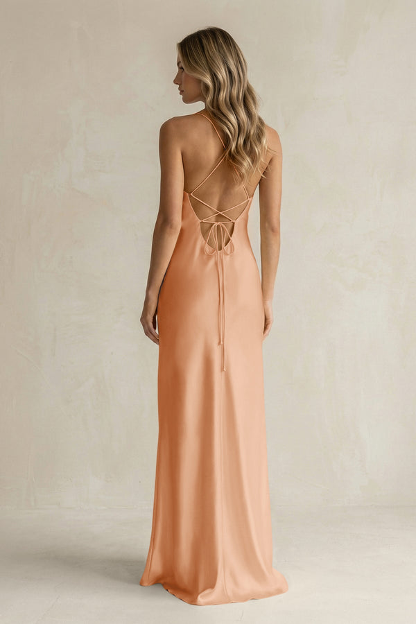 Sheath Satin Spaghetti Strap Bridesmaid Dress in Golden Champagne - KissProm Bridesmaid Dresses