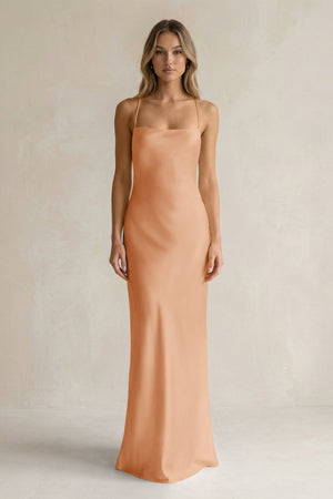 Sheath Satin Spaghetti Strap Bridesmaid Dress in Golden Champagne - KissProm Bridesmaid Dresses
