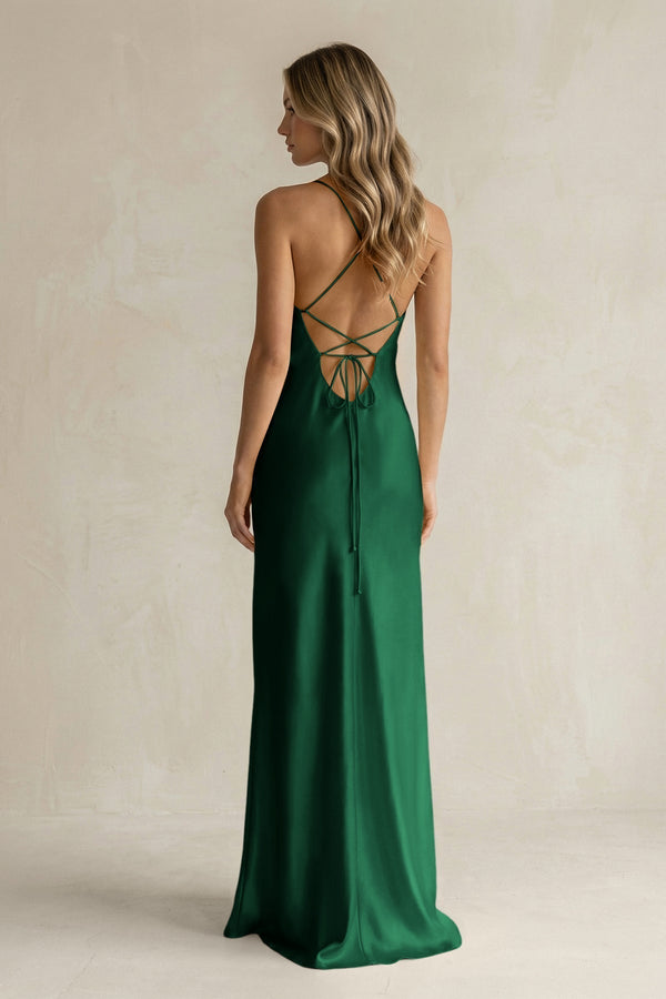 Sheath Satin Spaghetti Strap Bridesmaid Dress in Green - KissProm Bridesmaid Dresses