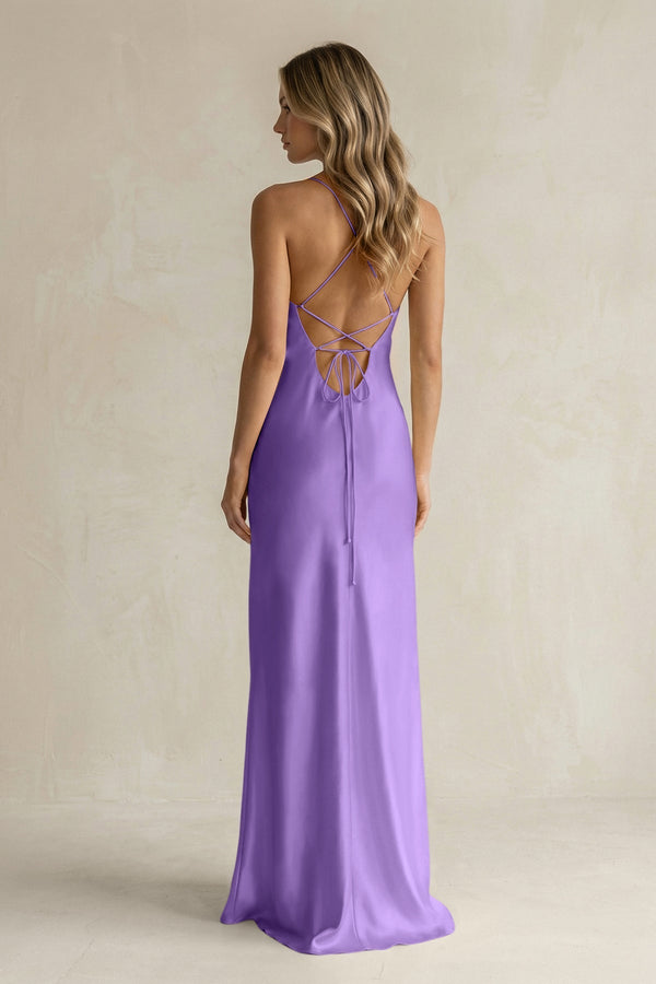 Sheath Satin Spaghetti Strap Bridesmaid Dress in Lilac - KissProm Bridesmaid Dresses