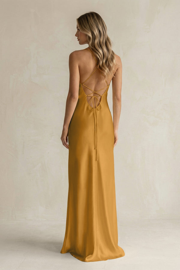 Sheath Satin Spaghetti Strap Bridesmaid Dress in Marigold - KissProm Bridesmaid Dresses
