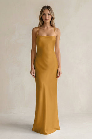 Sheath Satin Spaghetti Strap Bridesmaid Dress in Marigold - KissProm Bridesmaid Dresses