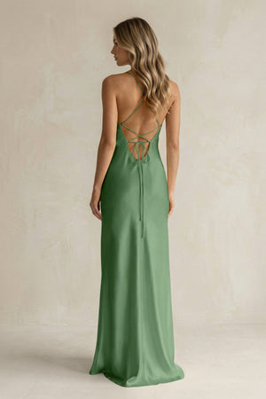 Sheath Satin Spaghetti Strap Bridesmaid Dress in Matcha - KissProm Bridesmaid Dresses