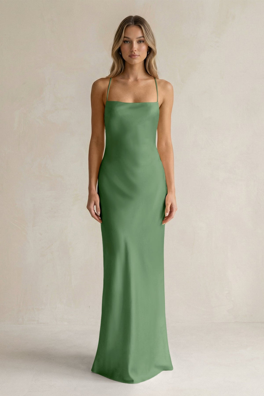 Sheath Satin Spaghetti Strap Bridesmaid Dress in Matcha - KissProm Bridesmaid Dresses