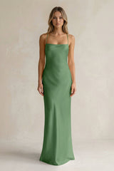 Sheath Satin Spaghetti Strap Bridesmaid Dress in Matcha - KissProm Bridesmaid Dresses
