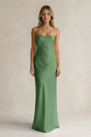 Sheath Satin Spaghetti Strap Bridesmaid Dress in Matcha - KissProm Bridesmaid Dresses