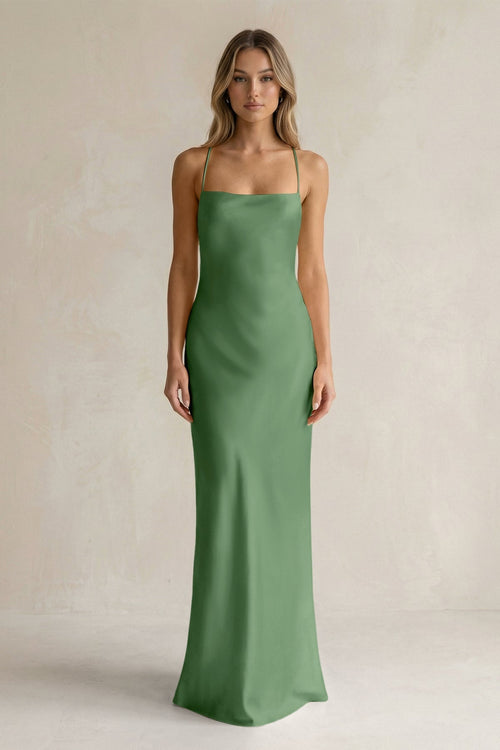 Sheath Satin Spaghetti Strap Bridesmaid Dress in Matcha - KissProm Bridesmaid Dresses