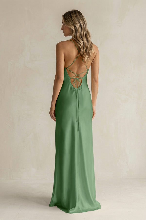 Sheath Satin Spaghetti Strap Bridesmaid Dress in Matcha - KissProm Bridesmaid Dresses