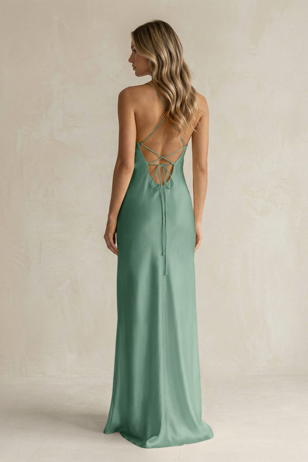 Sheath Satin Spaghetti Strap Bridesmaid Dress in Mint Green - KissProm Bridesmaid Dresses