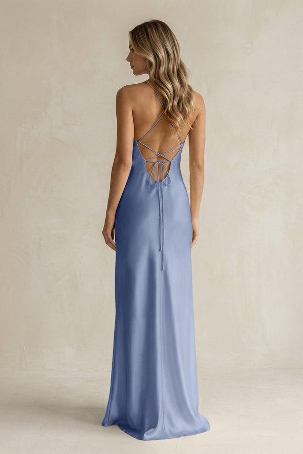 Sheath Satin Spaghetti Strap Bridesmaid Dress in Mist - KissProm Bridesmaid Dresses