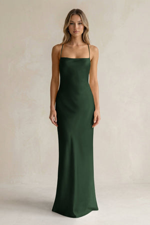 Sheath Satin Spaghetti Strap Bridesmaid Dress in Moss - KissProm Bridesmaid Dresses