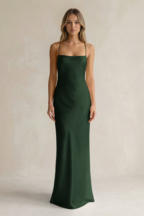Sheath Satin Spaghetti Strap Bridesmaid Dress in Moss - KissProm Bridesmaid Dresses